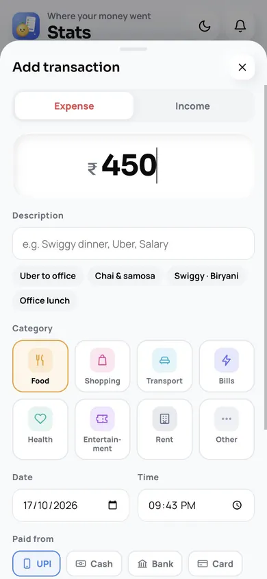 Add transaction screen with amount, suggestions and categories
